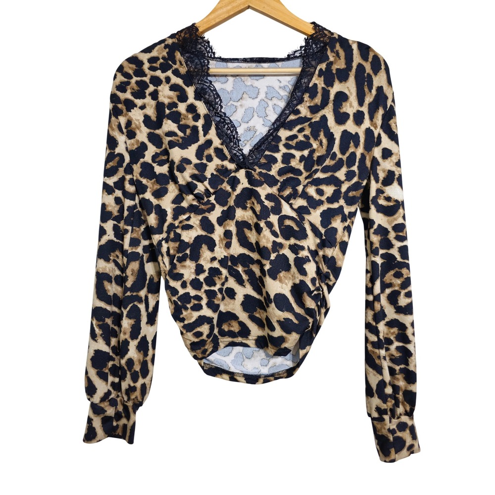 Leopard Print Lace Trim V-Neck Ruched Long Sleeve Top Small